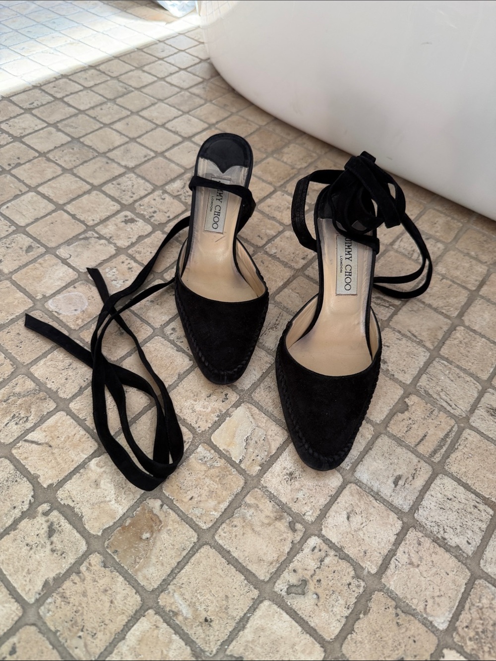 Jimmy Choo Black Suede Pointed Ankle-Tie Pumps